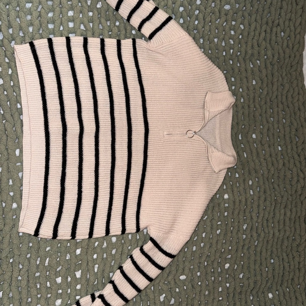 Black and Cream V-Neck Striped Sweater